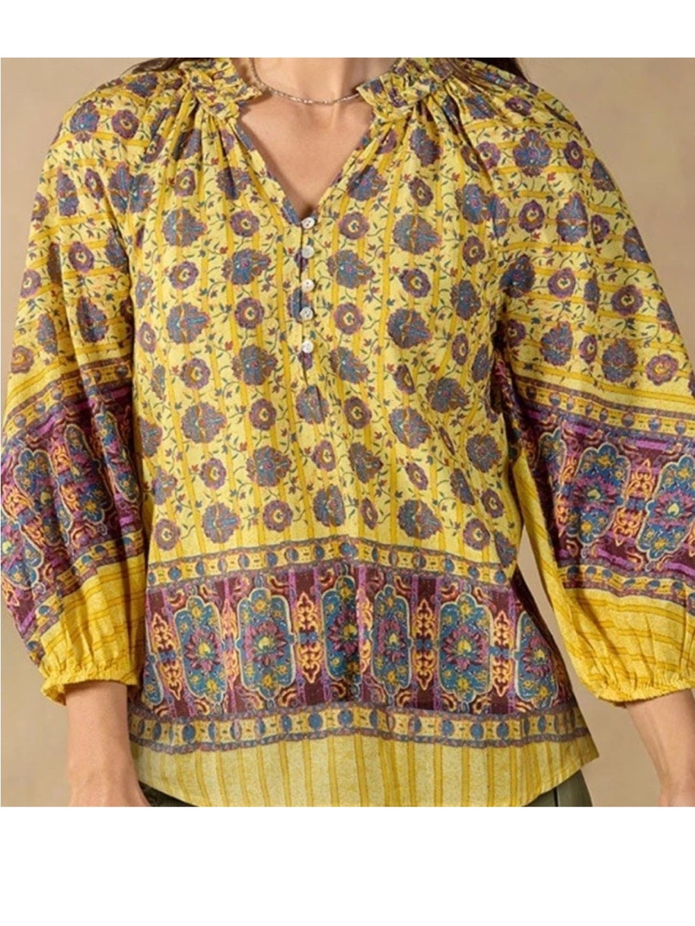 Sundance Angelou Blouse XS Yellow Floral Border Print Raw Edge Neck 3/4 Sleeve